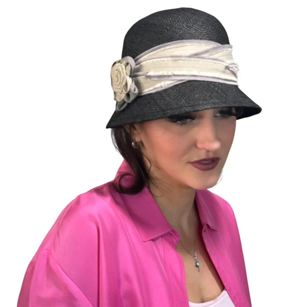 Tony Merinda for Christys’ Crown Series Black Straw Bucket Hat with Ribbon Roset